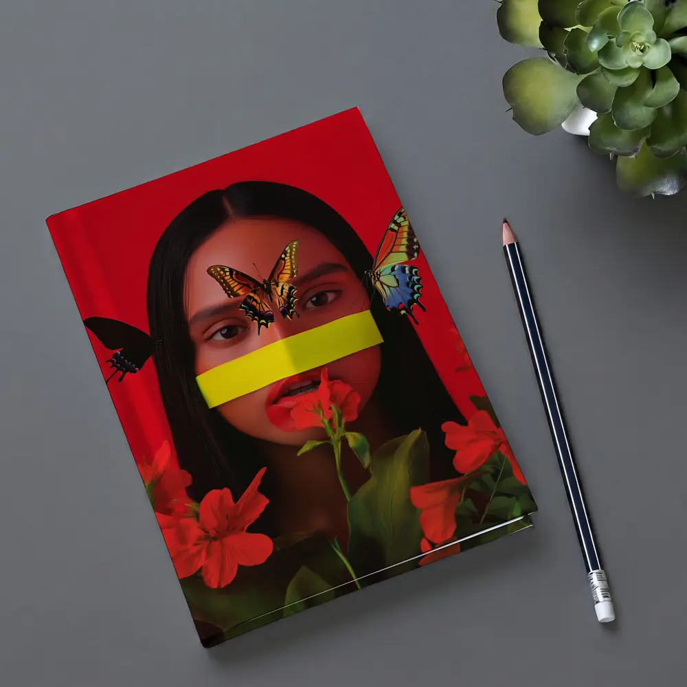 Woman Butterflies Red Flowers Bold Portrait – Notebooks