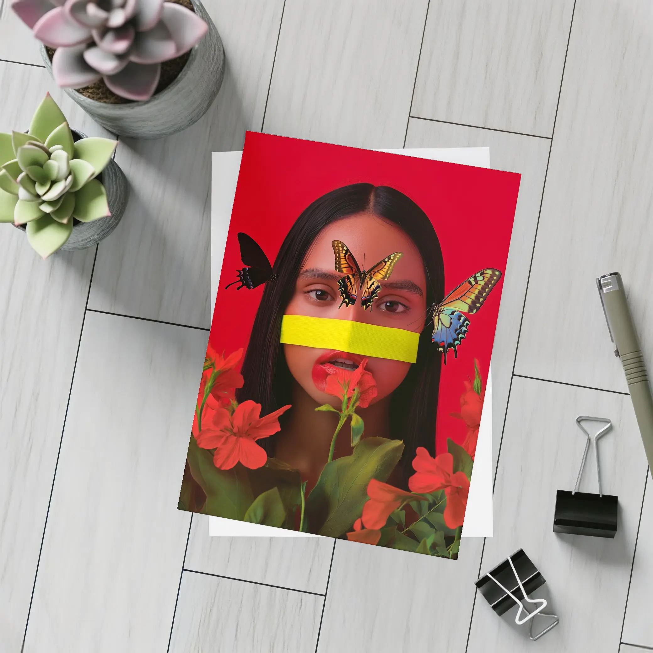 Woman Butterflies Red Flowers Bold Portrait – Postcards