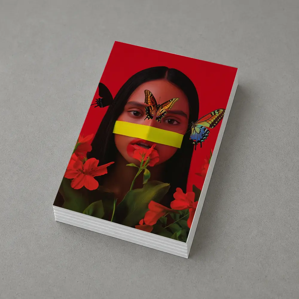 Woman Butterflies Red Flowers Bold Portrait – Postcards