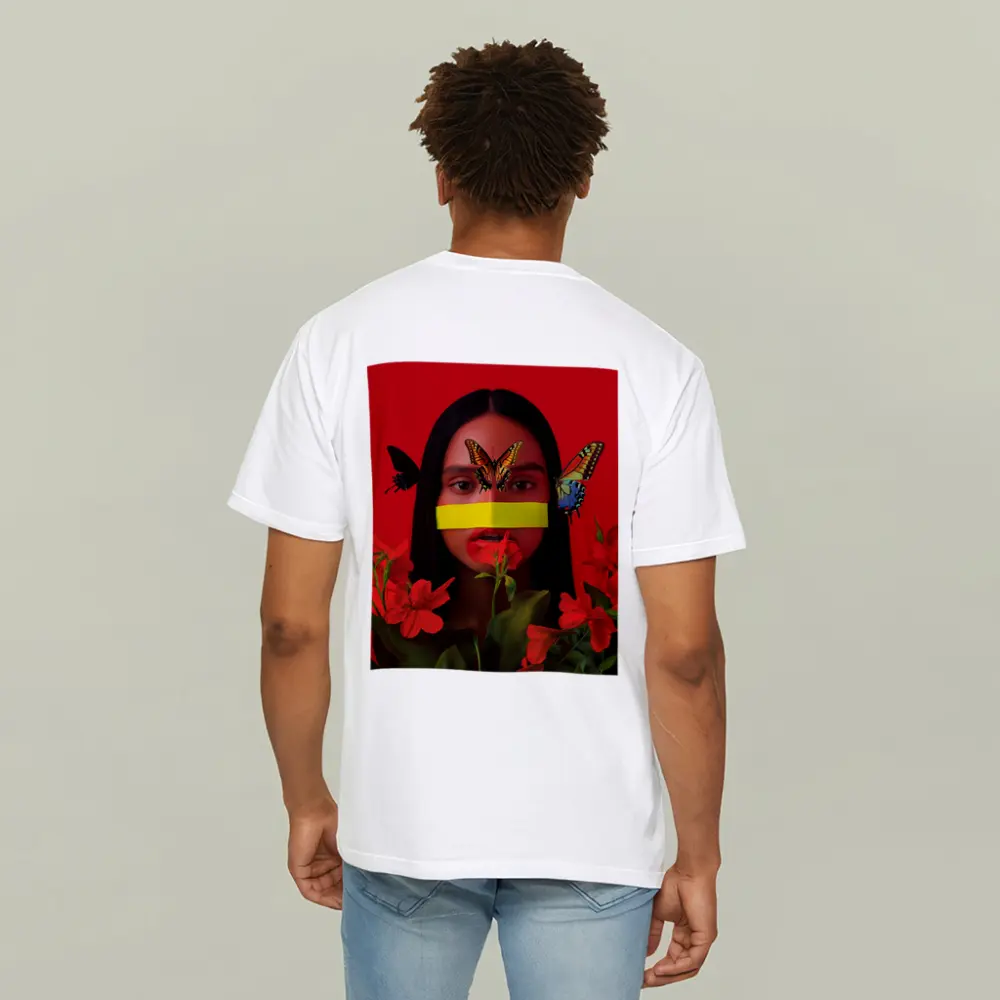 Woman Butterflies Red Flowers Bold Portrait – T-Shirts