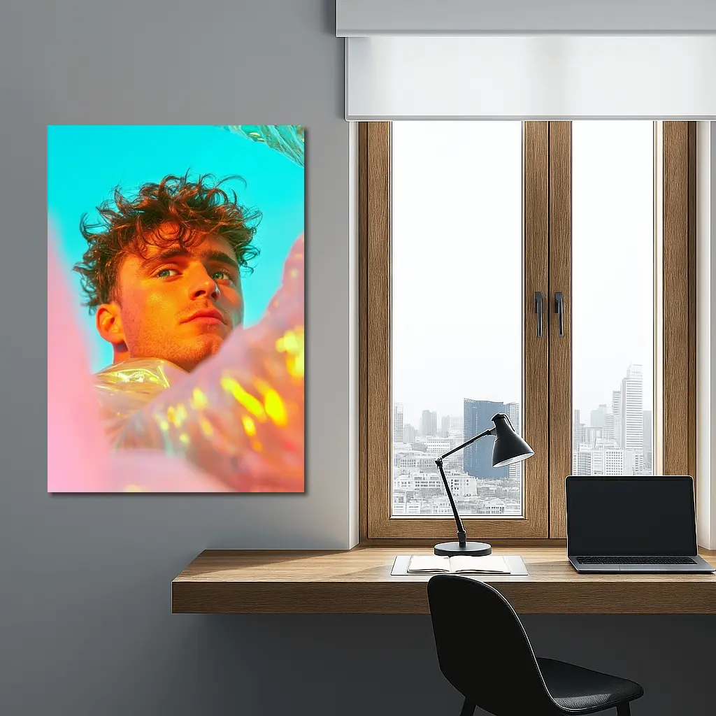 Young Man Neon Pink Teal Light Portrait – Wall Art