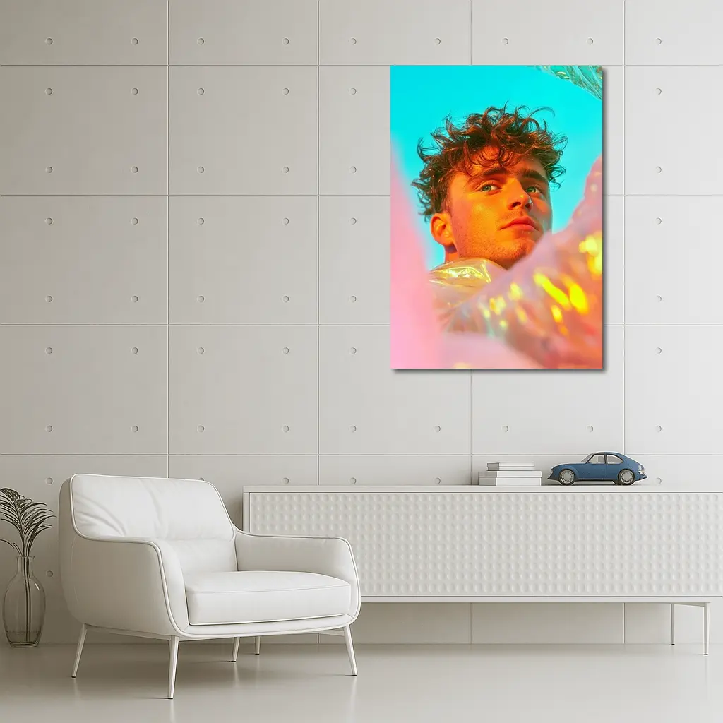 Young Man Neon Pink Teal Light Portrait – Wall Art