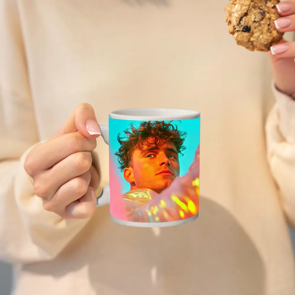 Young Man Neon Pink Teal Light Portrait – Mugs