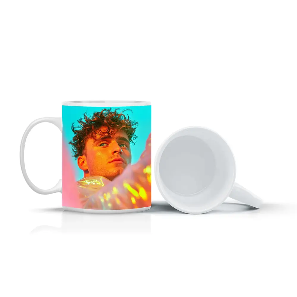 Young Man Neon Pink Teal Light Portrait – Mugs