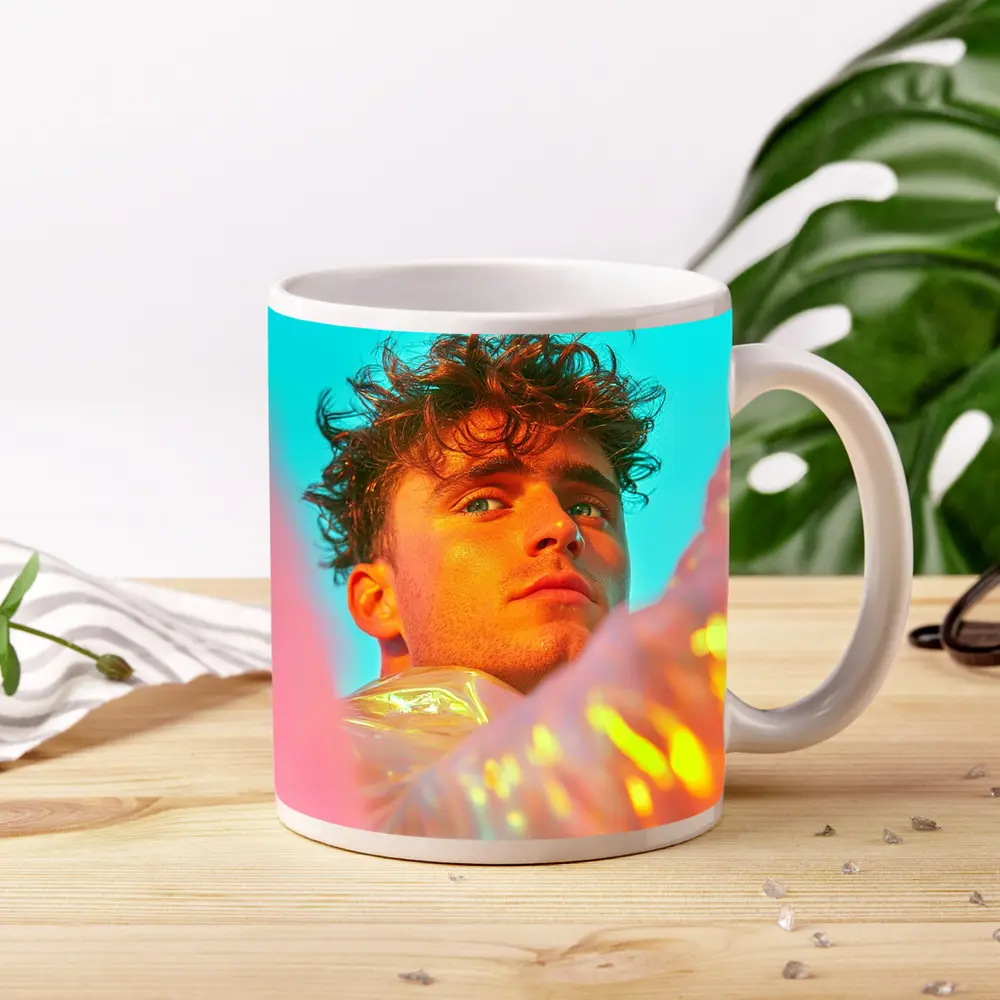 Young Man Neon Pink Teal Light Portrait – Mugs