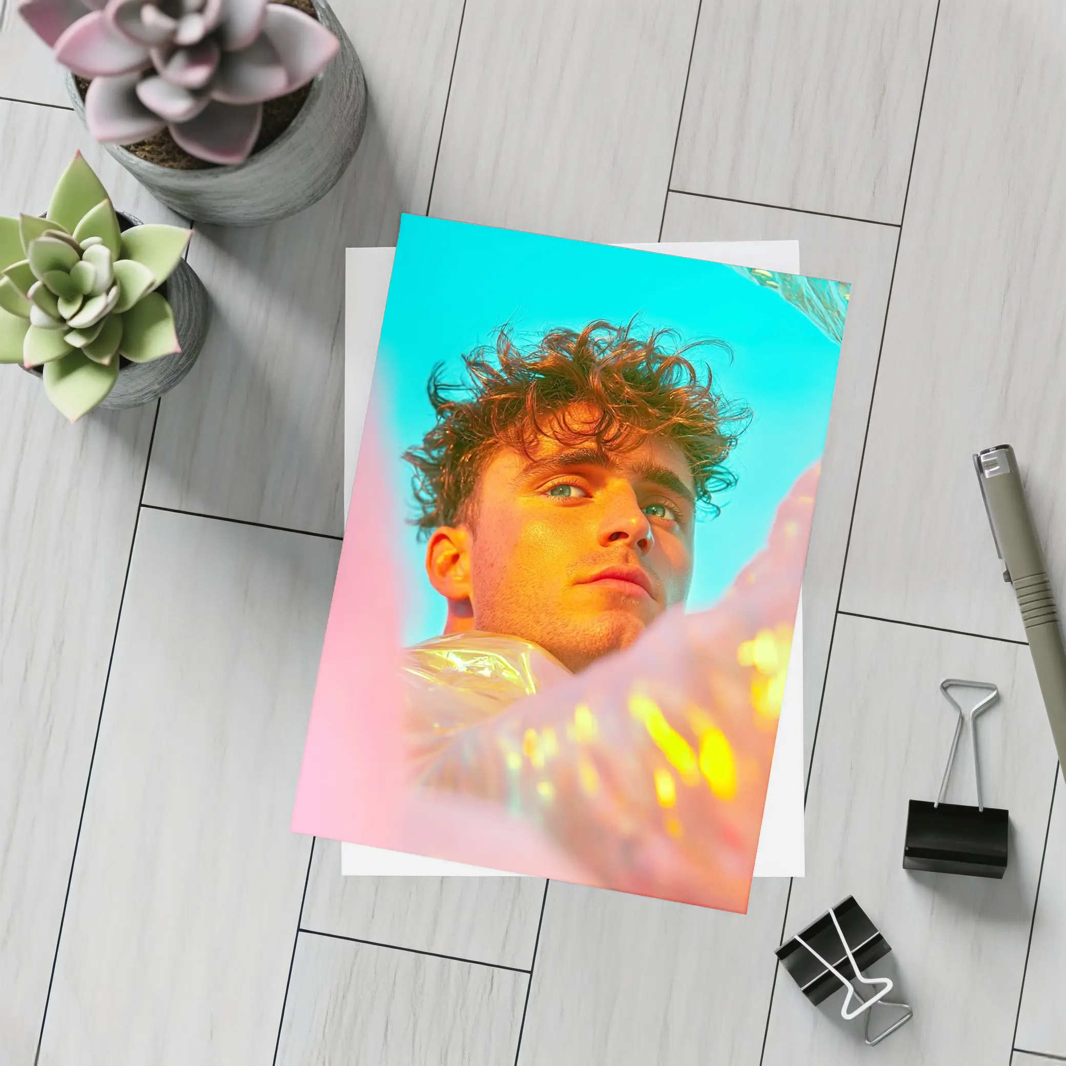 Young Man Neon Pink Teal Light Portrait – Postcards