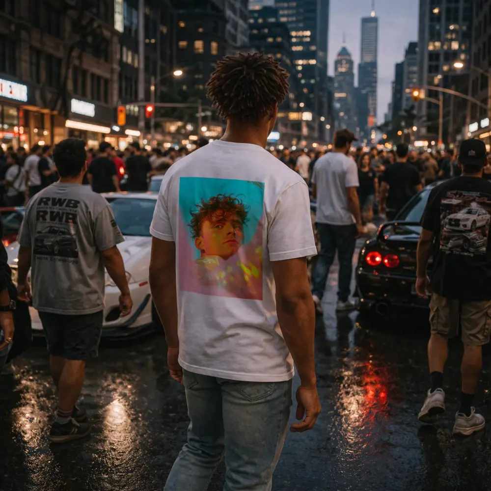Young Man Neon Pink Teal Light Portrait – T-Shirts