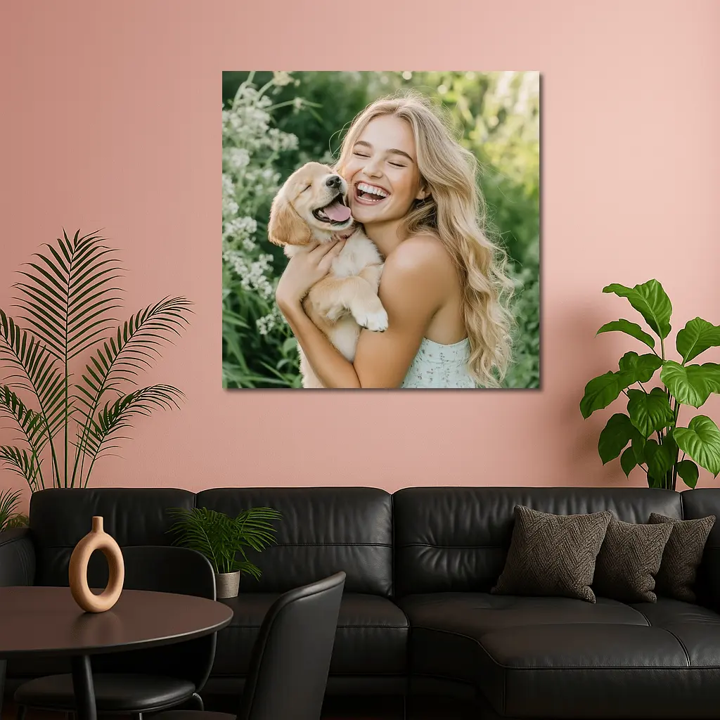 Young Woman Golden Retriever Puppy Garden – Wall Art