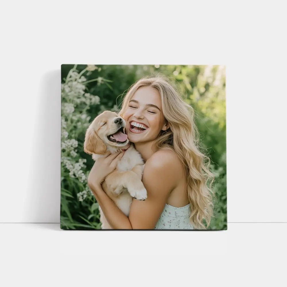 Young Woman Golden Retriever Puppy Garden – Wall Art