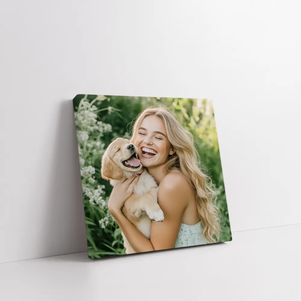 Young Woman Golden Retriever Puppy Garden – Wall Art