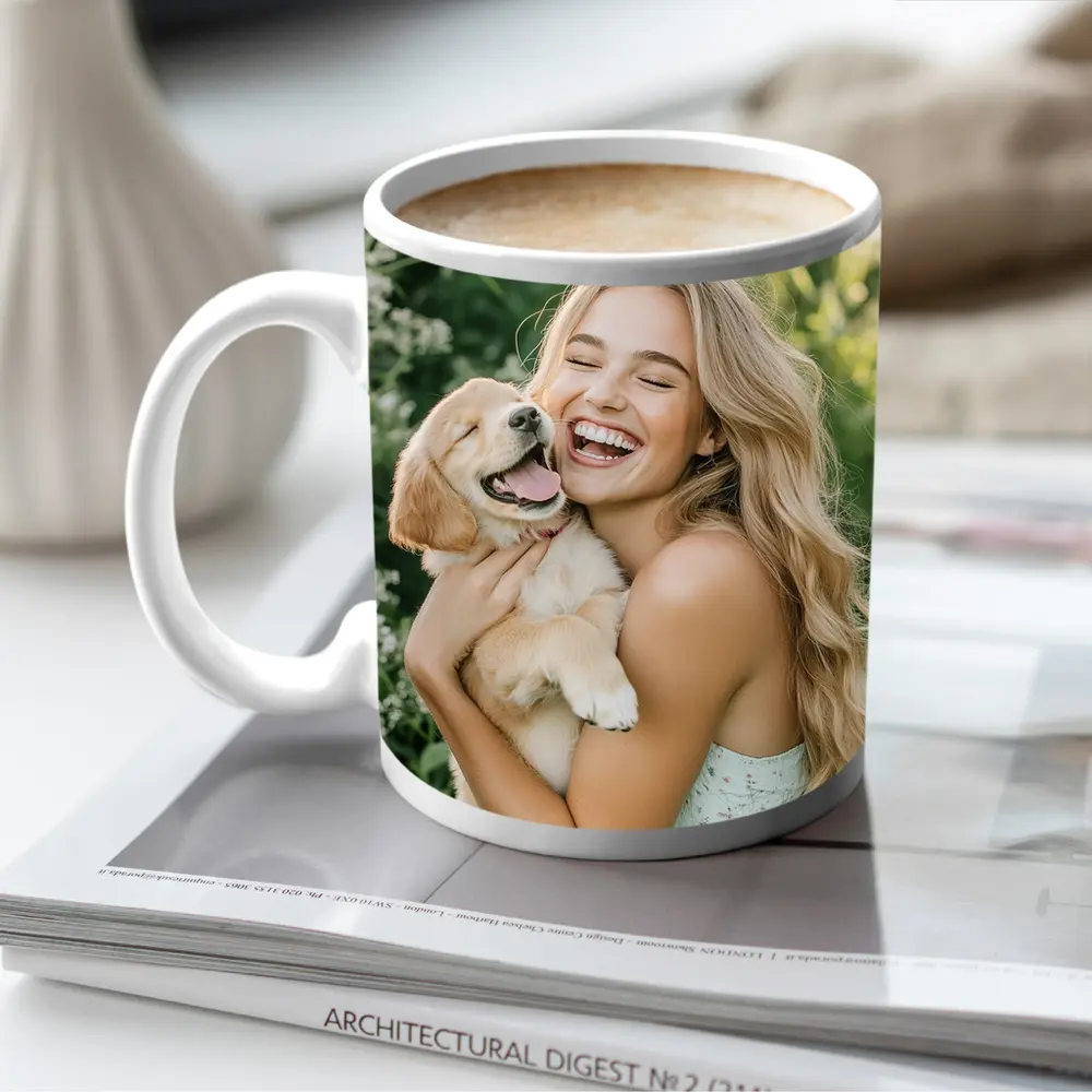 Young Woman Golden Retriever Puppy Garden – Mugs