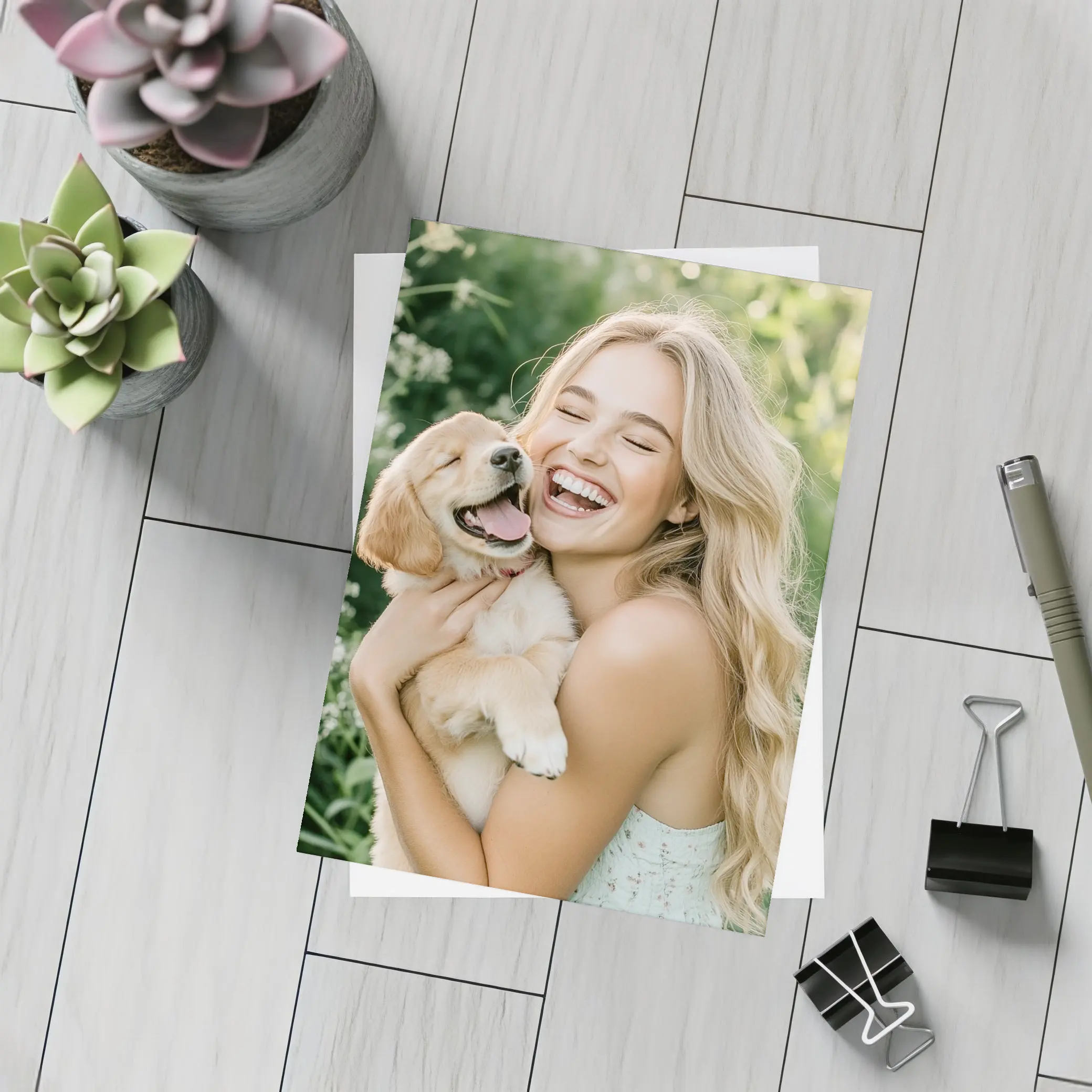 Young Woman Golden Retriever Puppy Garden – Postcards