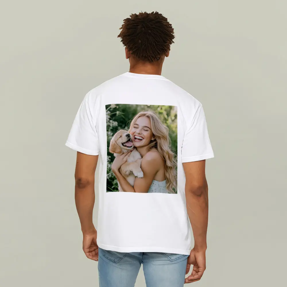 Young Woman Golden Retriever Puppy Garden – T-Shirts