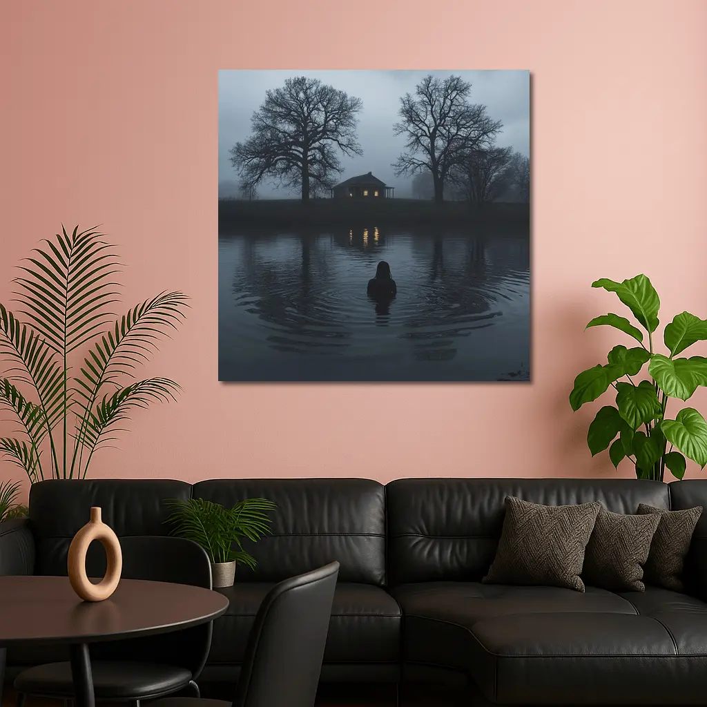 Dark Foggy Lake Woman Glowing House Night – Wall Art