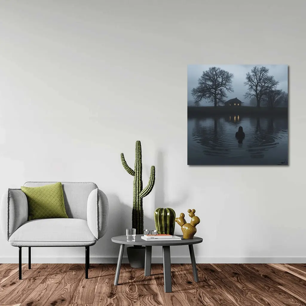 Dark Foggy Lake Woman Glowing House Night – Wall Art