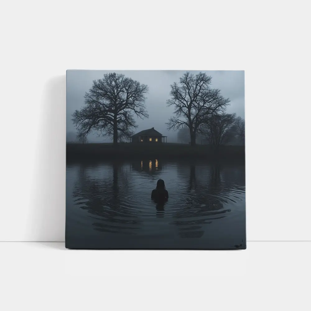 Dark Foggy Lake Woman Glowing House Night – Wall Art