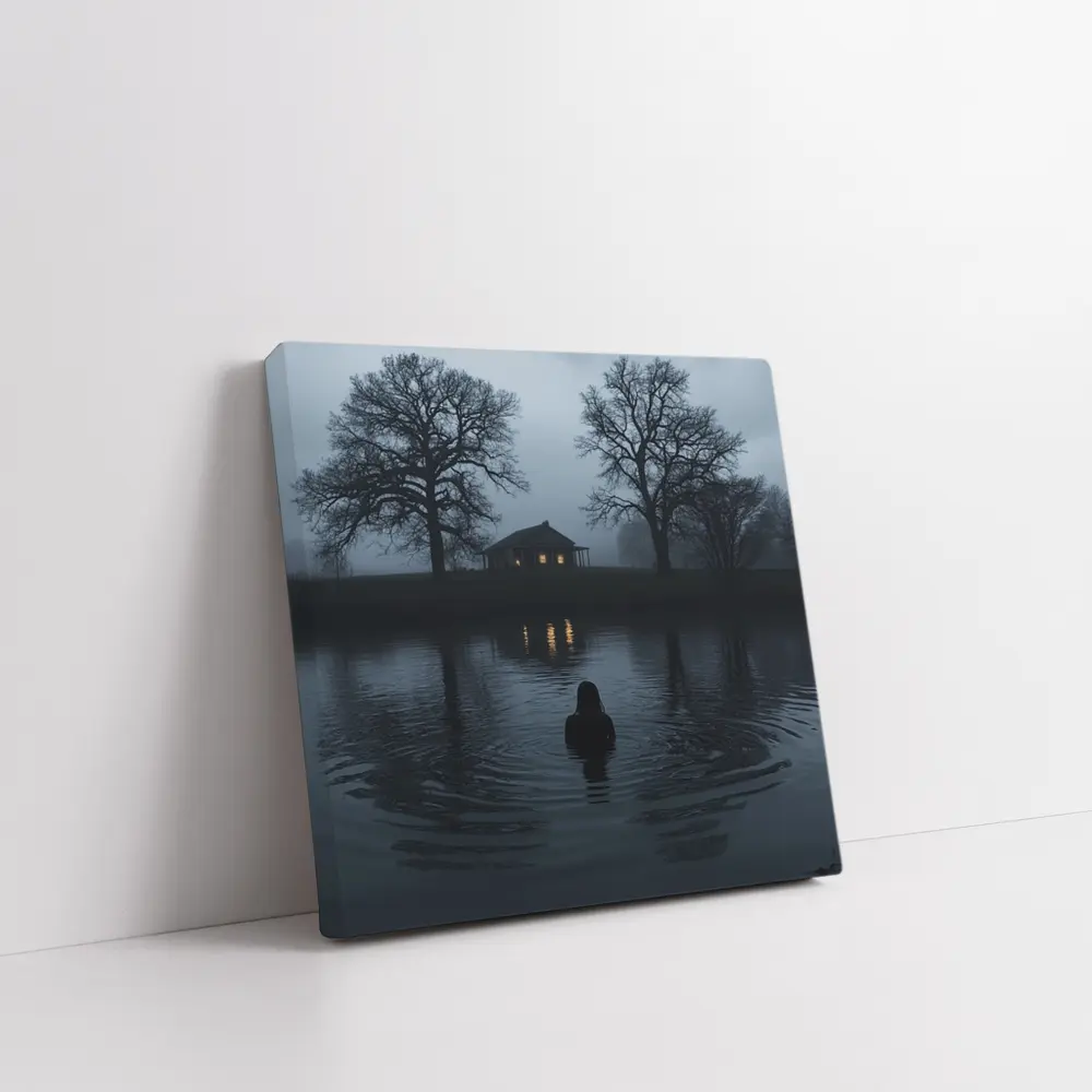 Dark Foggy Lake Woman Glowing House Night – Wall Art