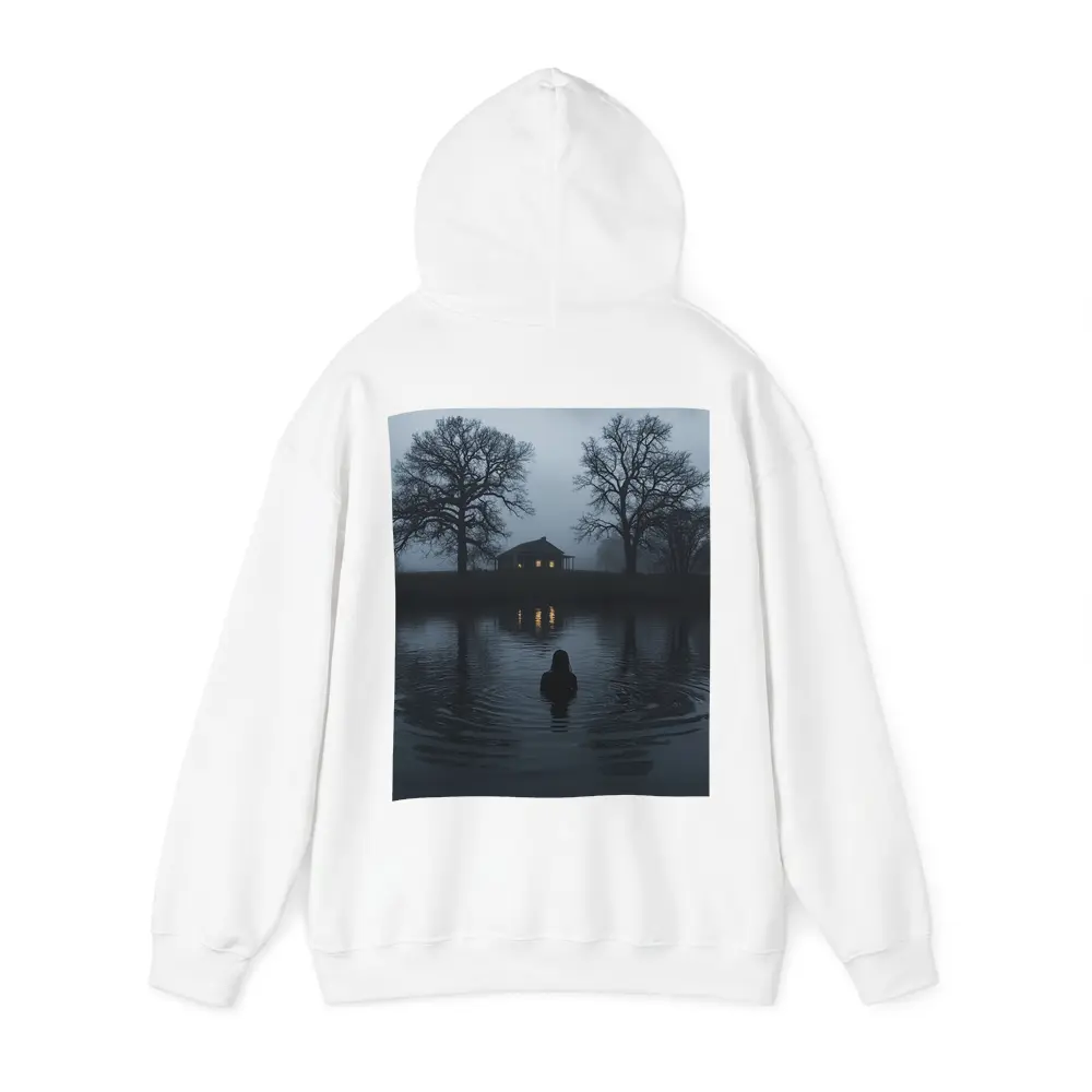 Dark Foggy Lake Woman Glowing House Night – Hoodies