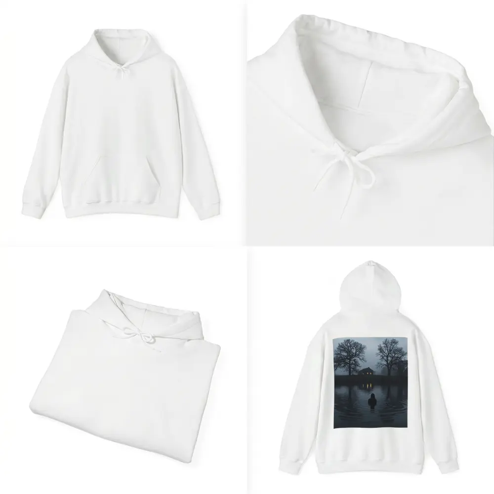 Dark Foggy Lake Woman Glowing House Night – Hoodies