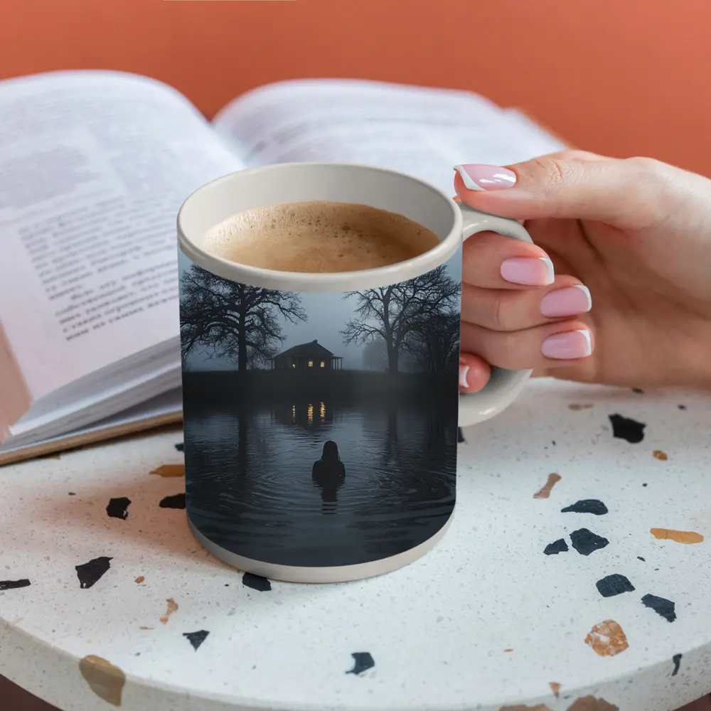Dark Foggy Lake Woman Glowing House Night – Mugs