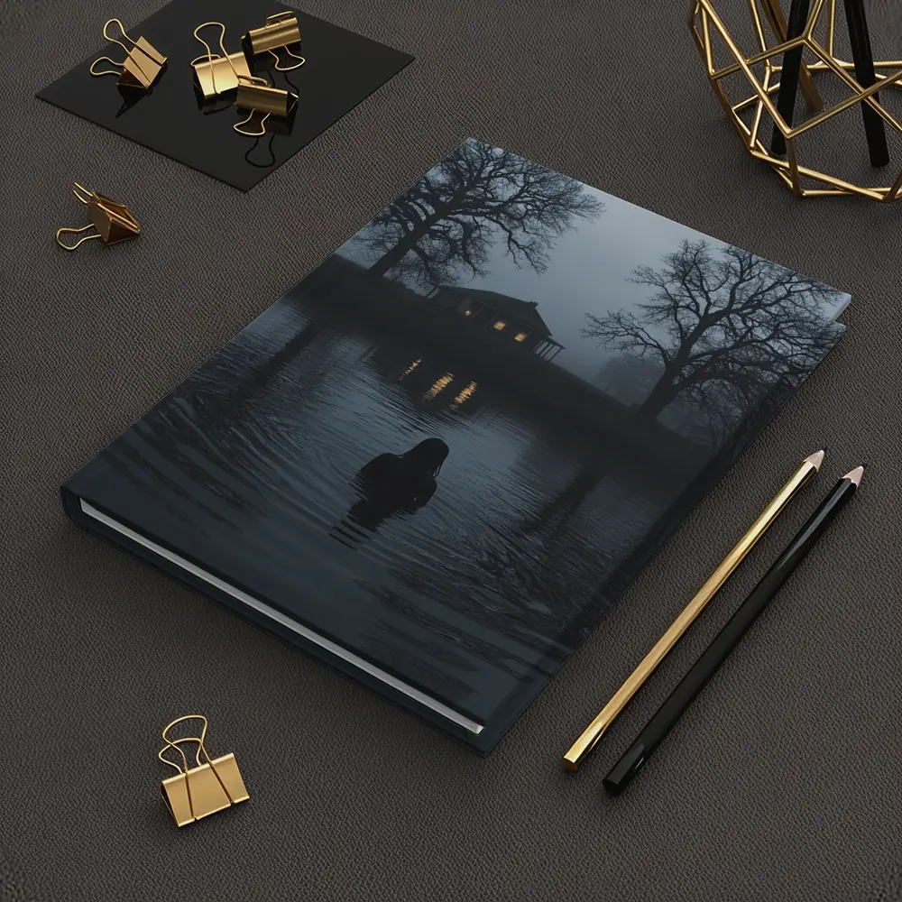 Dark Foggy Lake Woman Glowing House Night – Notebooks