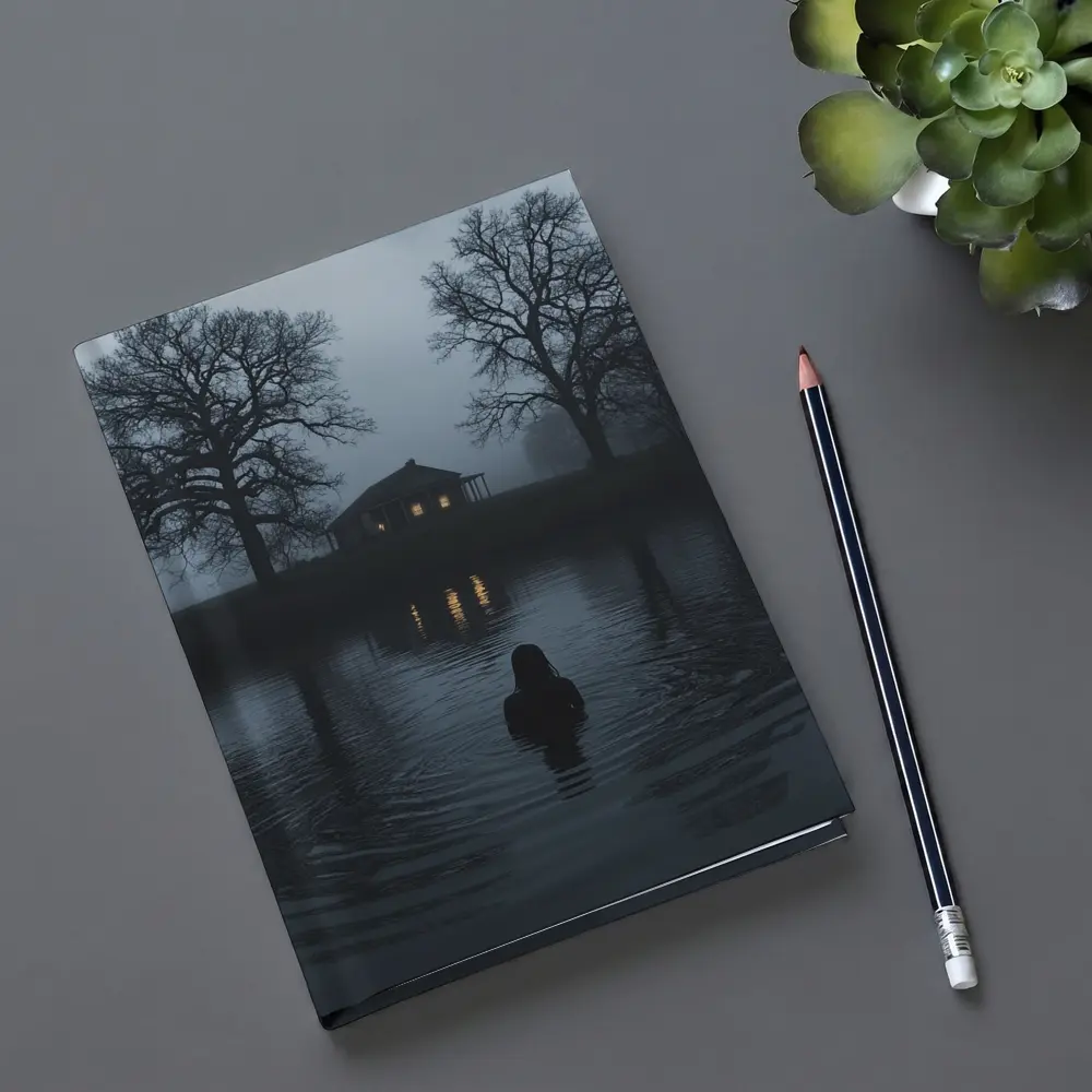 Dark Foggy Lake Woman Glowing House Night – Notebooks