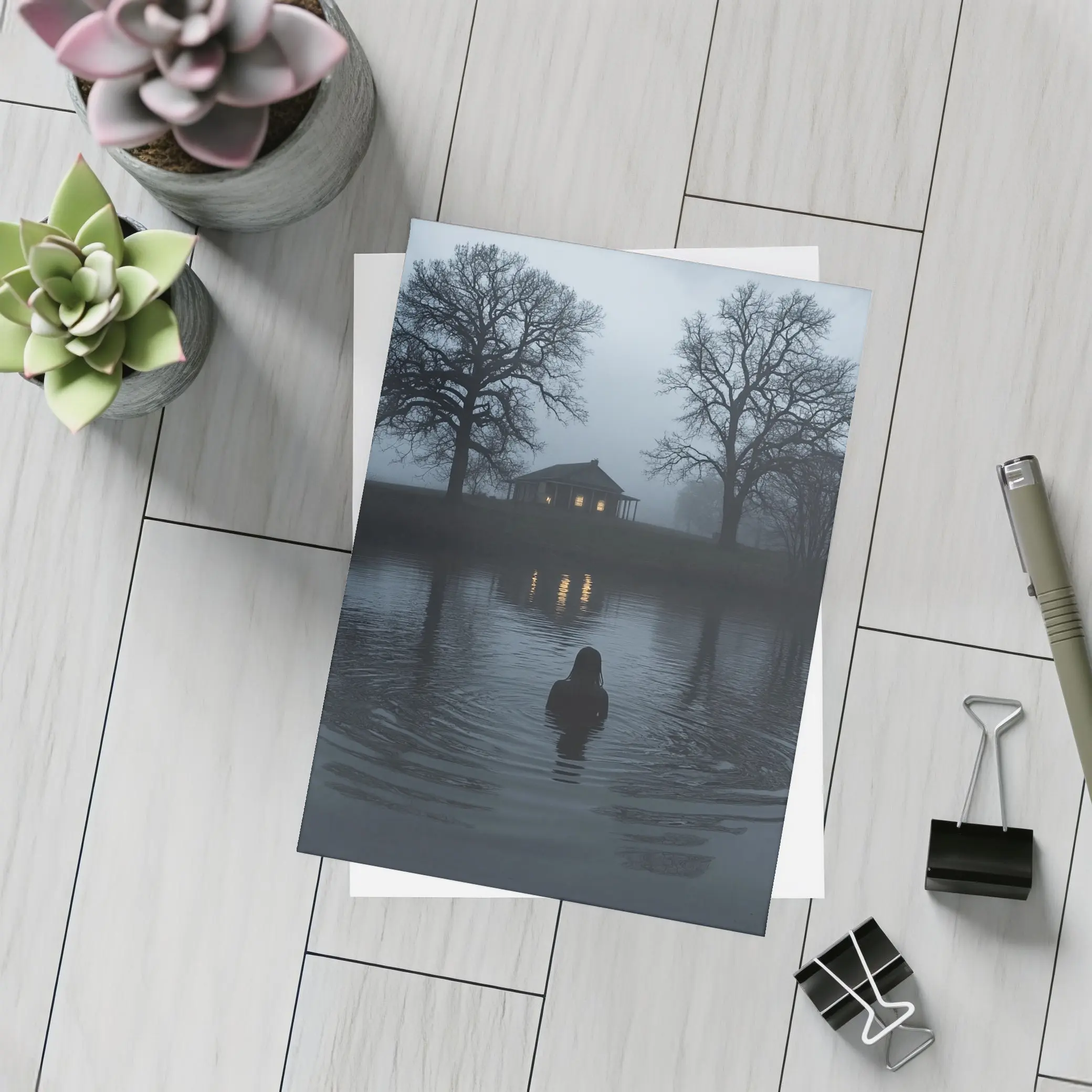 Dark Foggy Lake Woman Glowing House Night – Postcards