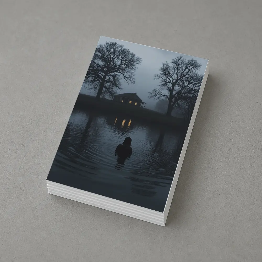 Dark Foggy Lake Woman Glowing House Night – Postcards