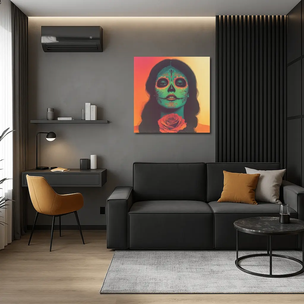 Sugar Skull Woman With Rose Orange Background – Wall Art