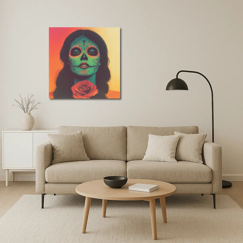 Sugar Skull Woman With Rose Orange Background – Wall Art