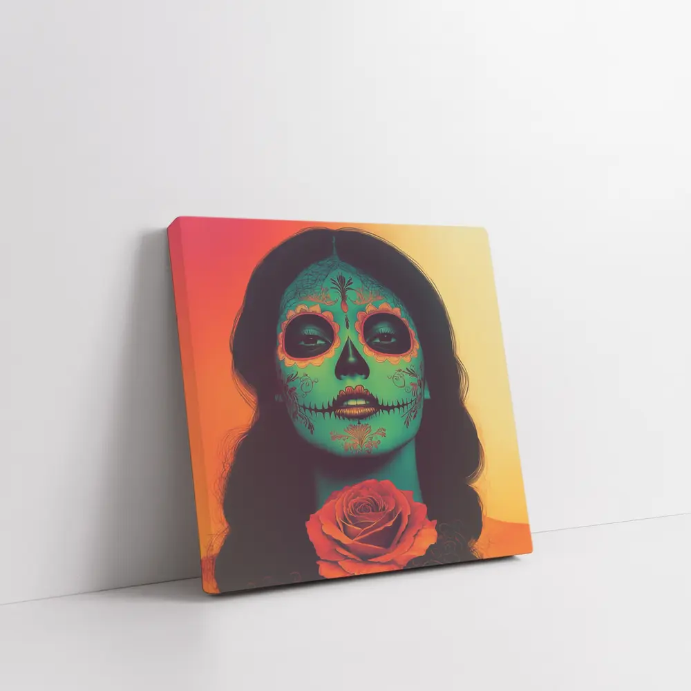 Sugar Skull Woman With Rose Orange Background – Wall Art