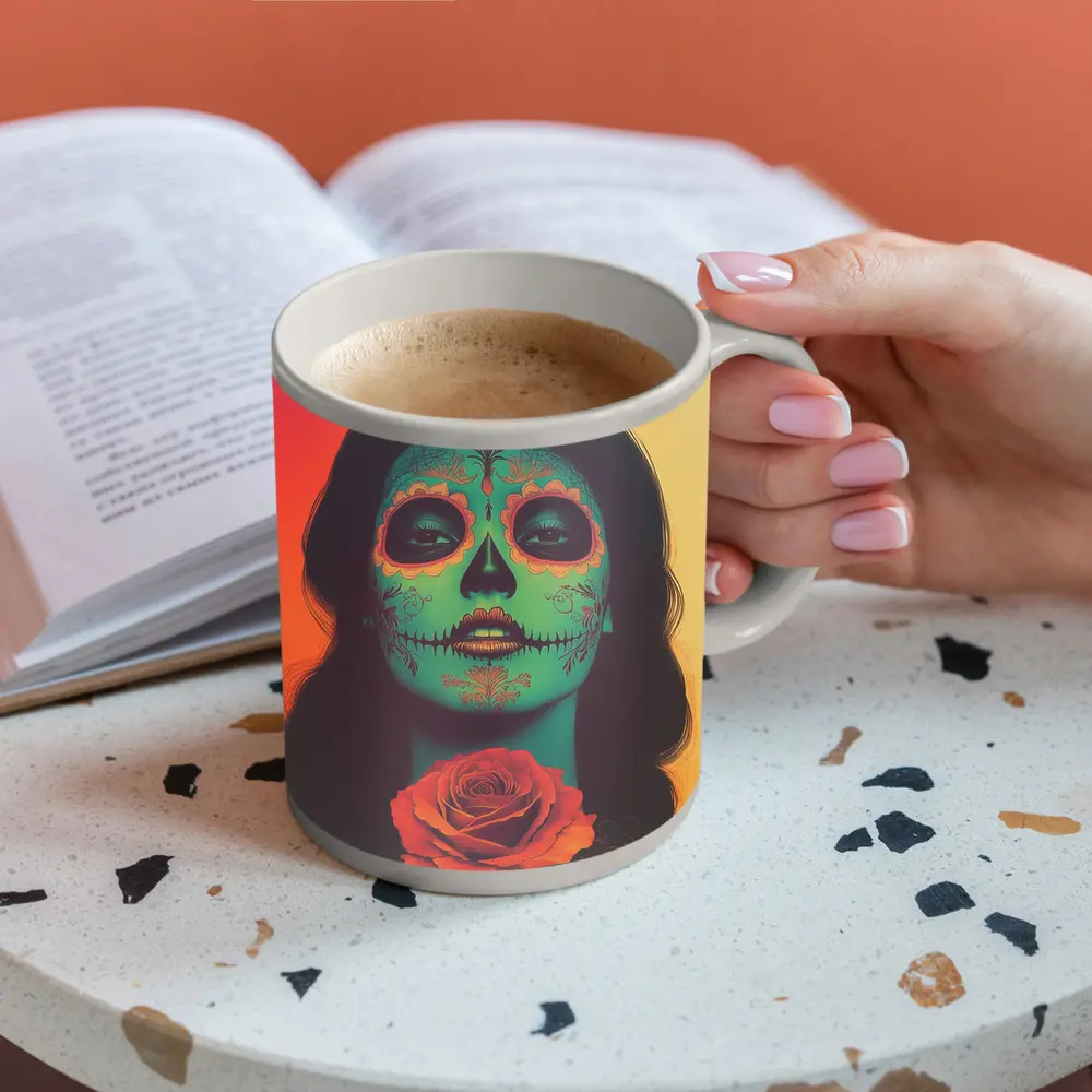 Sugar Skull Woman With Rose Orange Background – Mugs