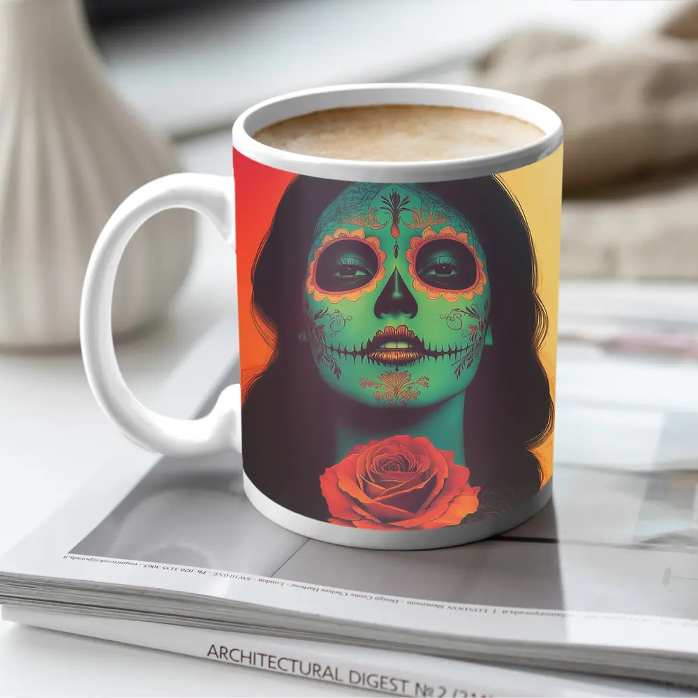 Sugar Skull Woman With Rose Orange Background – Mugs