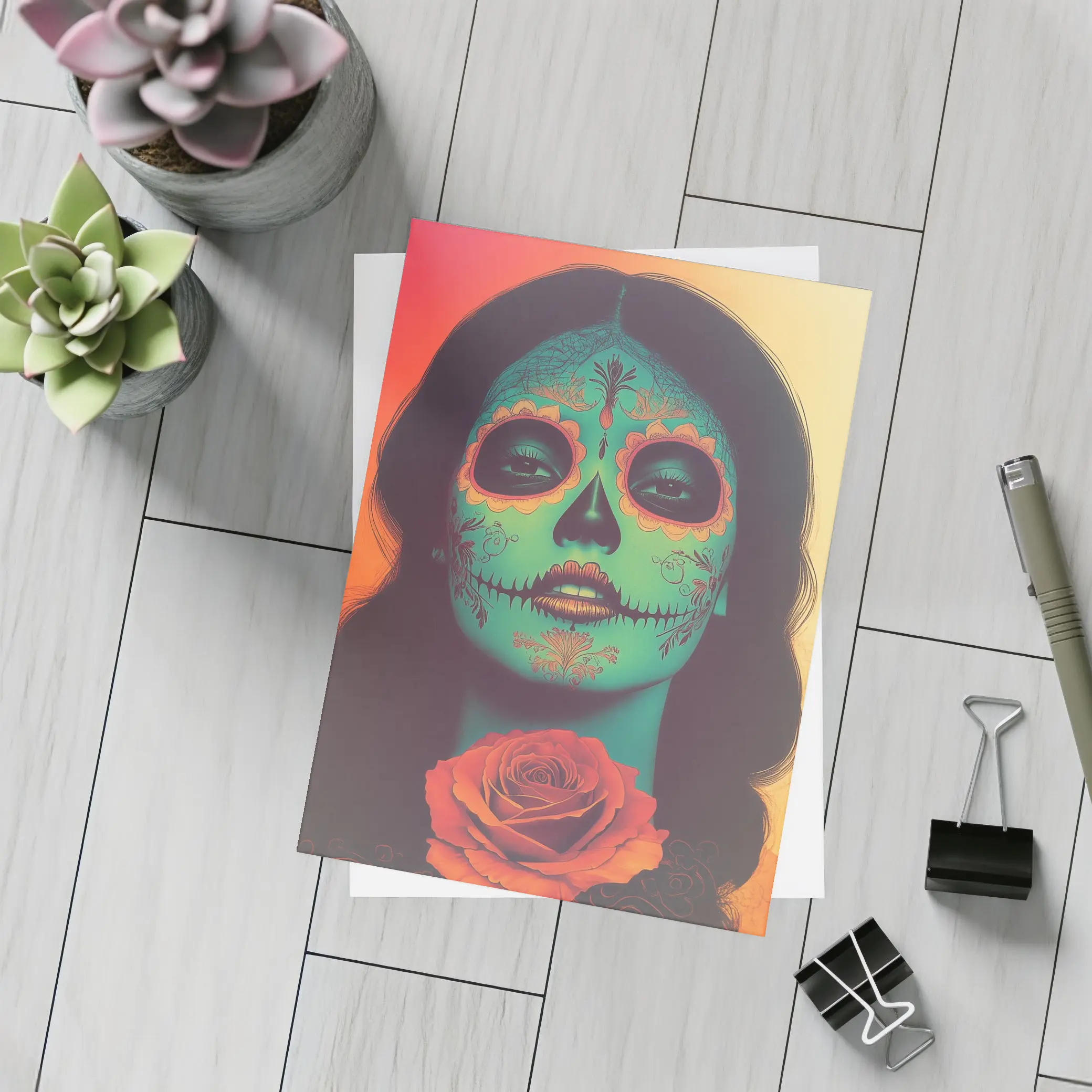 Sugar Skull Woman With Rose Orange Background – Postcards