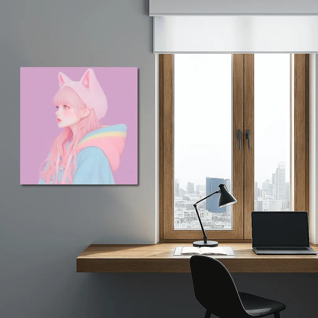 Pastel Anime Girl Cat Ears Purple Background – Wall Art