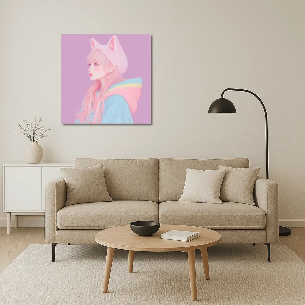 Pastel Anime Girl Cat Ears Purple Background – Wall Art