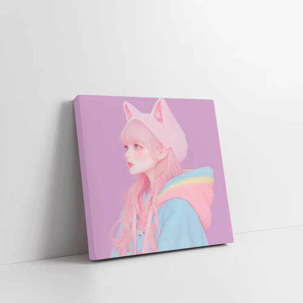 Pastel Anime Girl Cat Ears Purple Background – Wall Art