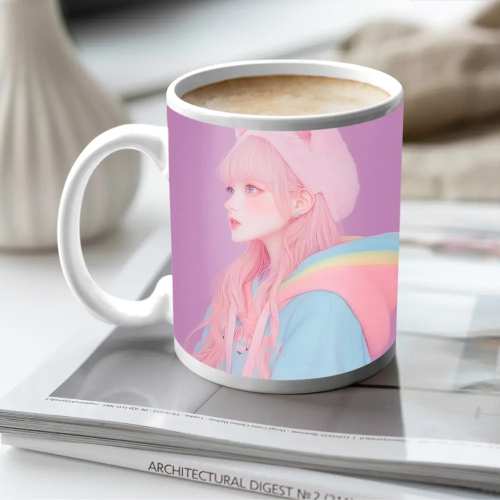 Pastel Anime Girl Cat Ears Purple Background – Mugs