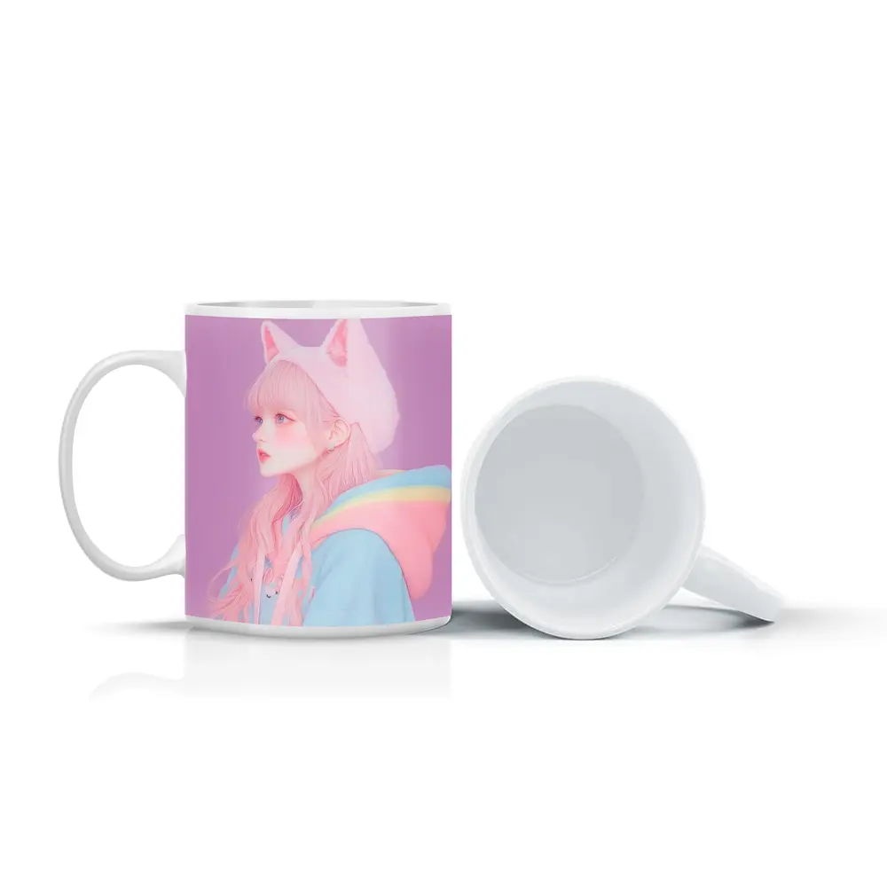 Pastel Anime Girl Cat Ears Purple Background – Mugs