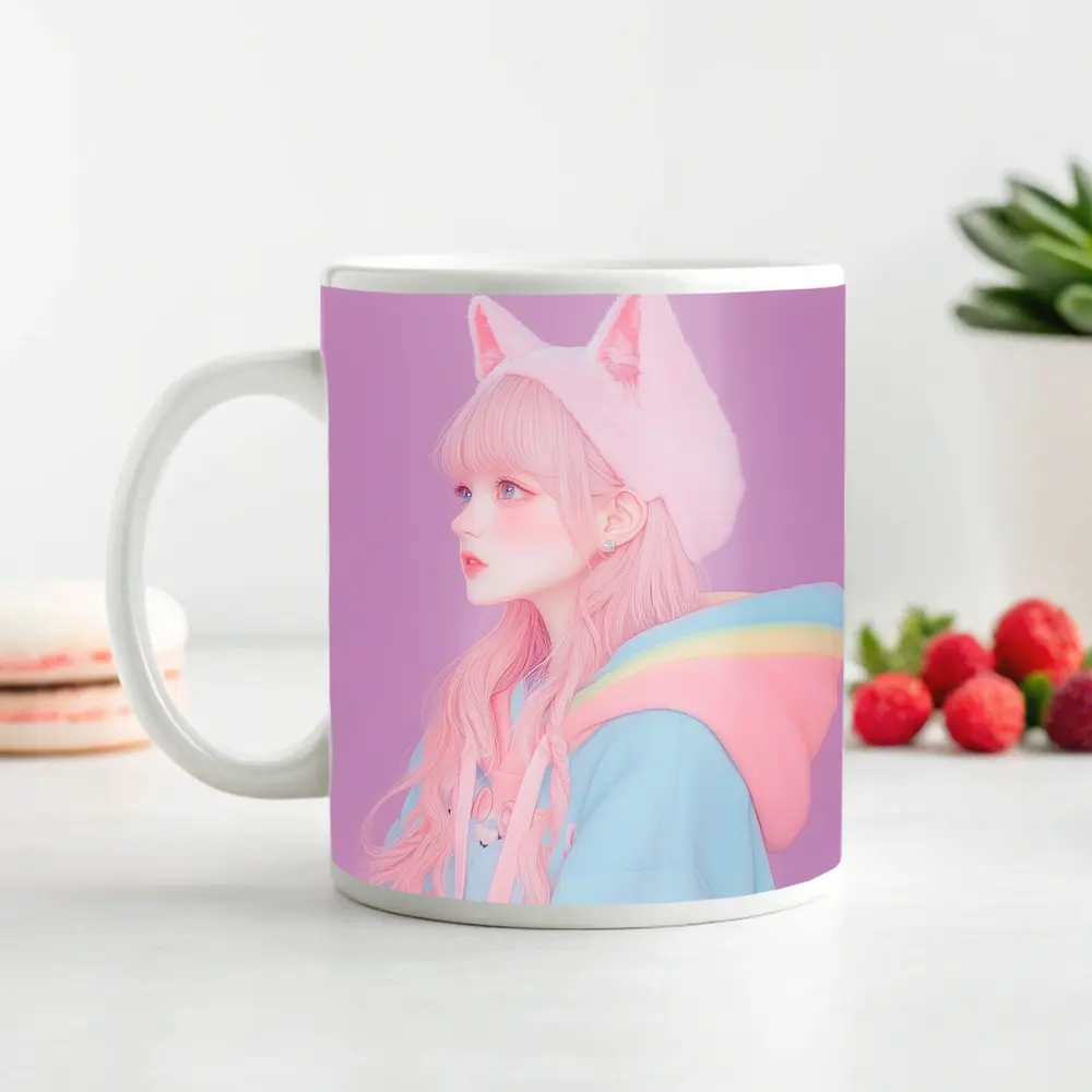 Pastel Anime Girl Cat Ears Purple Background – Mugs