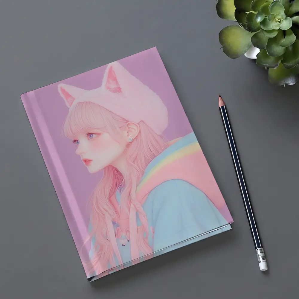 Pastel Anime Girl Cat Ears Purple Background – Notebooks