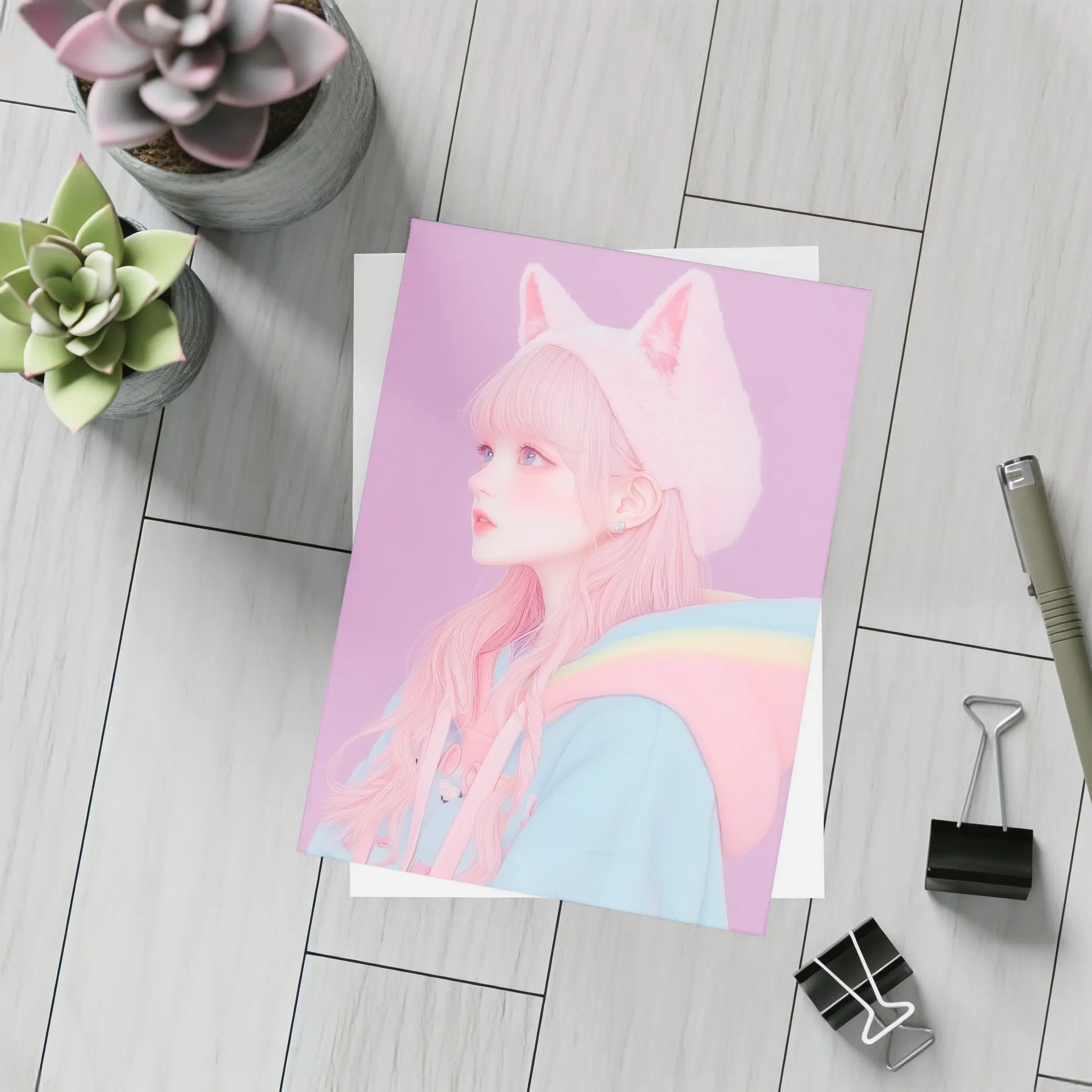 Pastel Anime Girl Cat Ears Purple Background – Postcards