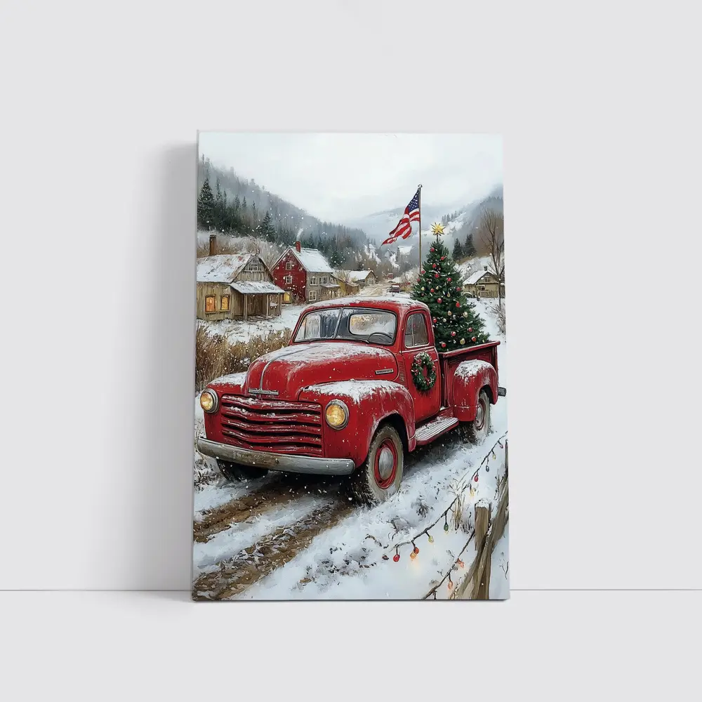 Red Chevrolet Truck Christmas Tree Snowy Village – Wall Art
