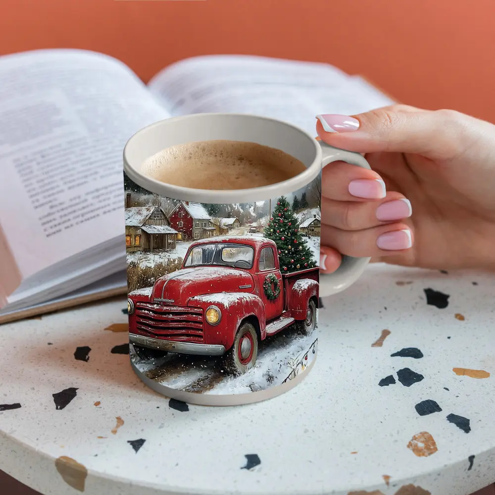 Red Chevrolet Truck Christmas Tree Snowy Village – Mugs
