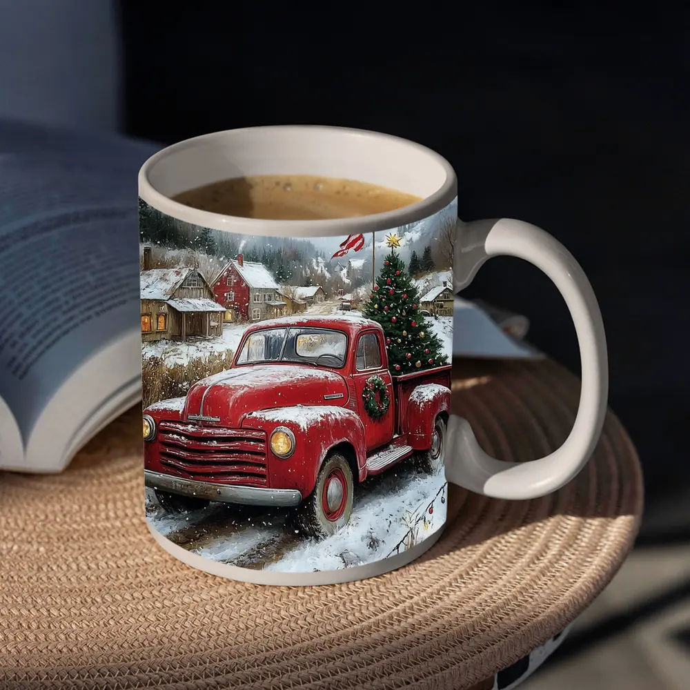 Red Chevrolet Truck Christmas Tree Snowy Village – Mugs