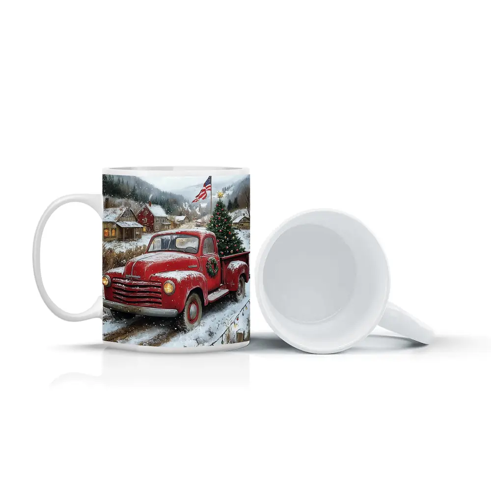 Red Chevrolet Truck Christmas Tree Snowy Village – Mugs