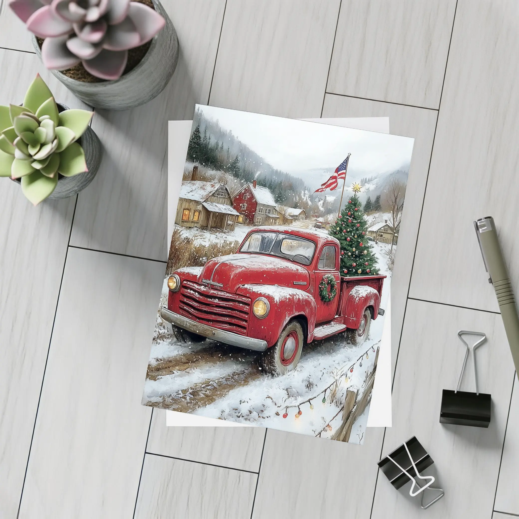 Red Chevrolet Truck Christmas Tree Snowy Village – Postcards
