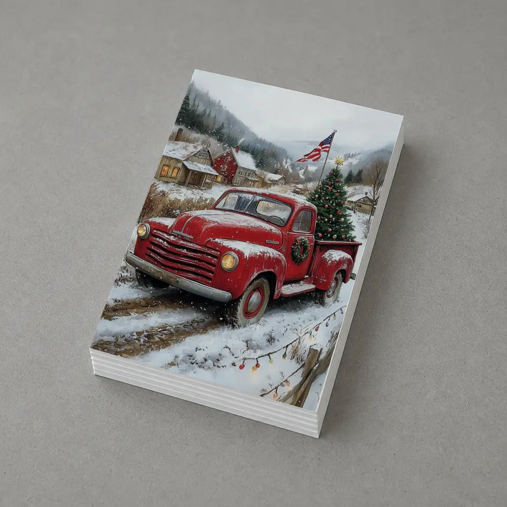 Red Chevrolet Truck Christmas Tree Snowy Village – Postcards