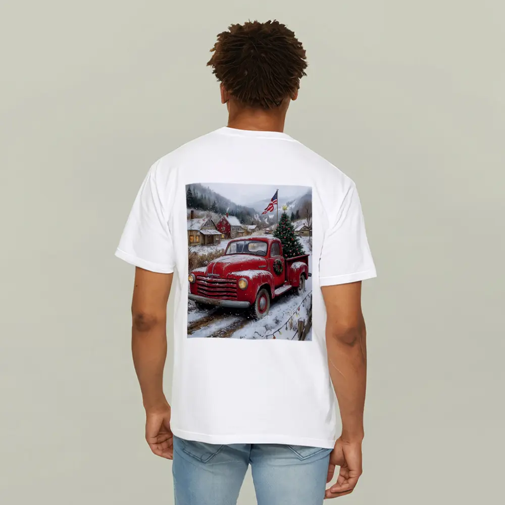 Red Chevrolet Truck Christmas Tree Snowy Village – T-Shirts