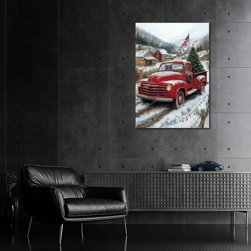 Red Chevrolet Truck Christmas Tree Snowy Village – Wall Art